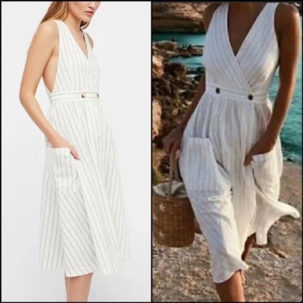 Free People Diana Cotton Wrap White Black Pinstripe Pocket Shift Midi Dress M